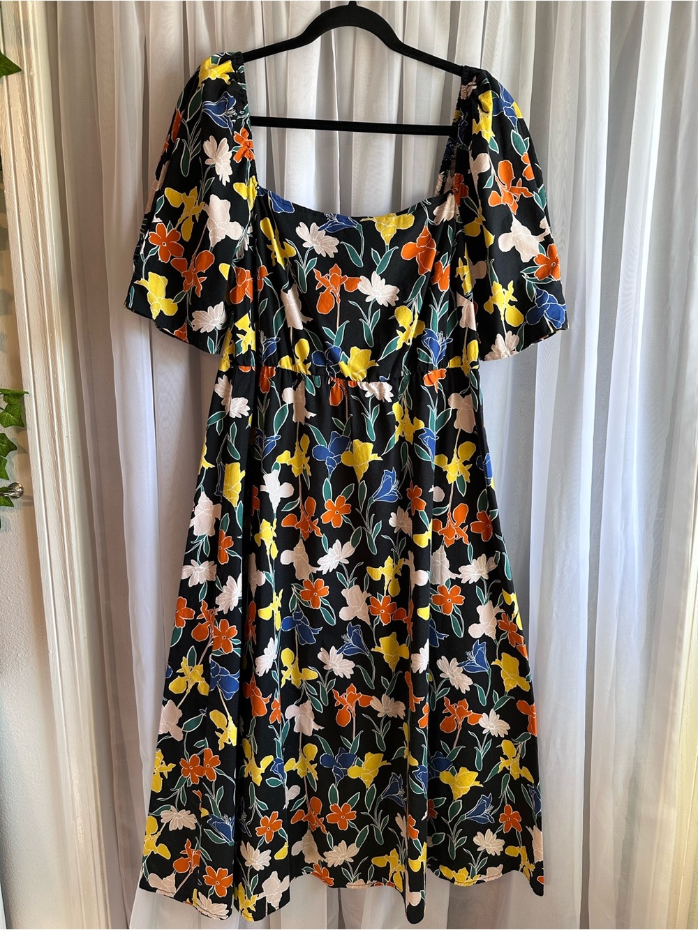 Eloquii orange yellow Floral Cotton Puff Sleeve A-Line Dress Size L